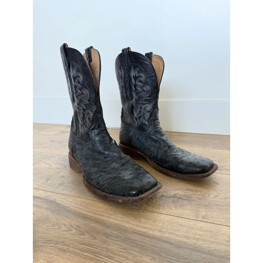 TONY LAMA 11 D Moore Western Boots Ostrich Black Sqaure Toe Cowboy Full Quill